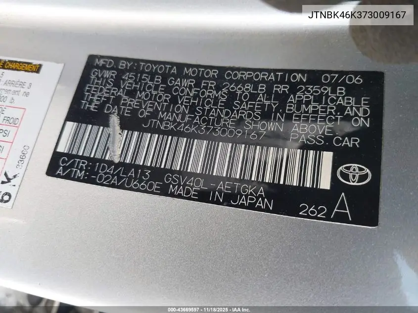 JTNBK46K373009167 2007 Toyota Camry Xle V6
