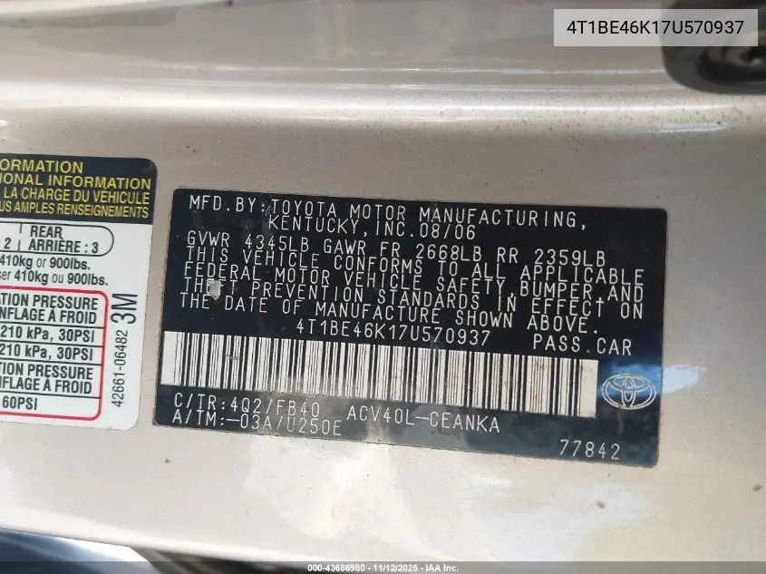 4T1BE46K17U570937 2007 Toyota Camry Le