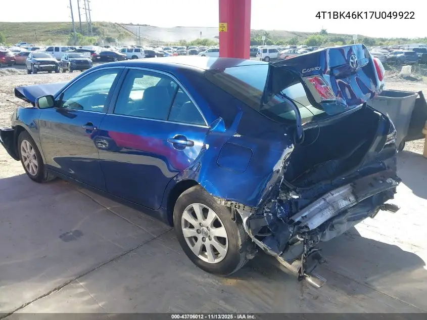 4T1BK46K17U049922 2007 Toyota Camry Xle V6
