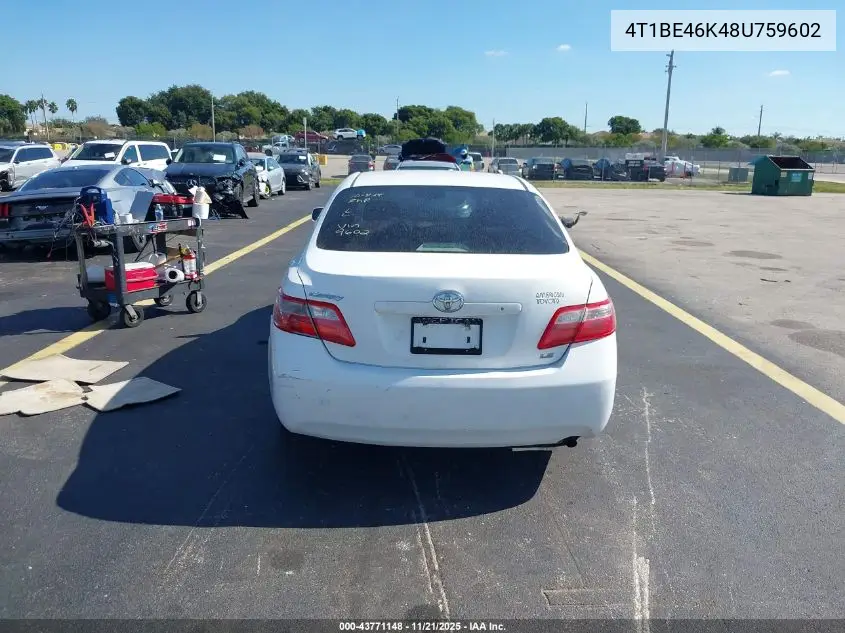 4T1BE46K48U759602 2008 Toyota Camry Le