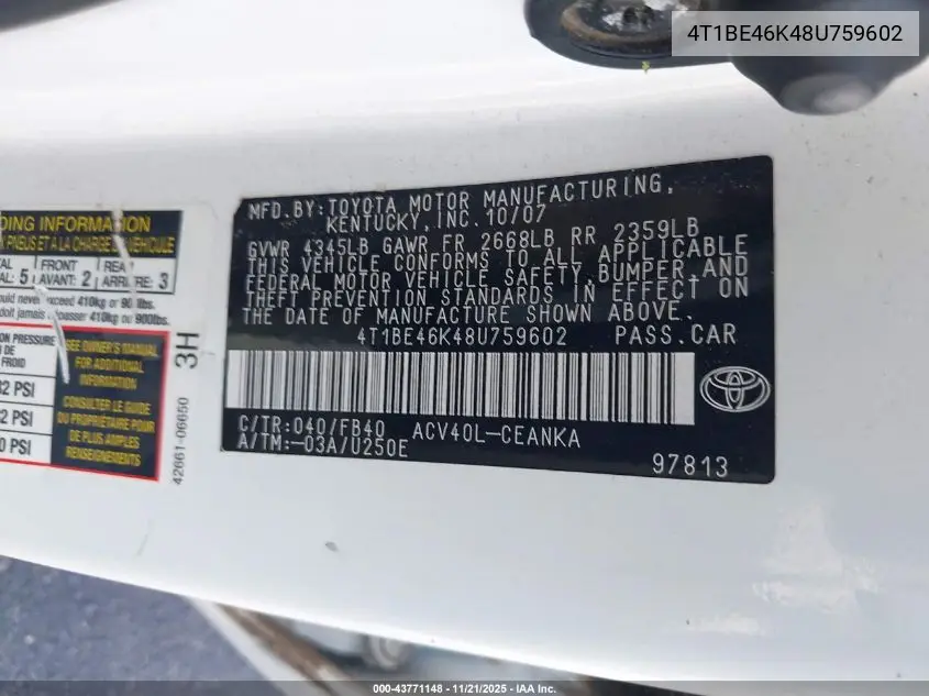4T1BE46K48U759602 2008 Toyota Camry Le