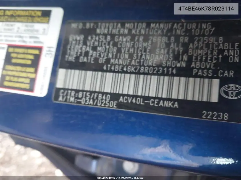 4T4BE46K78R023114 2008 Toyota Camry Le