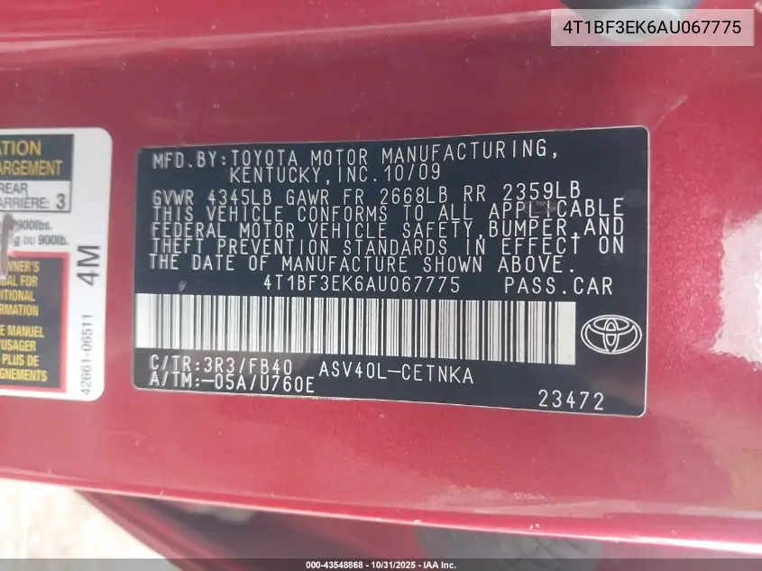 4T1BF3EK6AU067775 2010 Toyota Camry Le