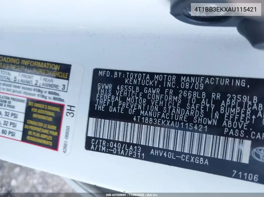 4T1BB3EKXAU115421 2010 Toyota Camry Hybrid