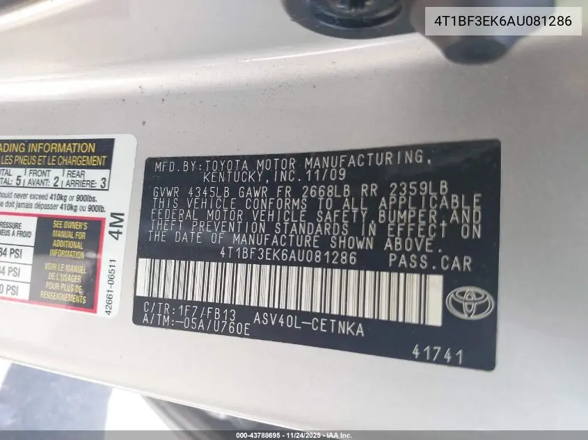 4T1BF3EK6AU081286 2010 Toyota Camry Le