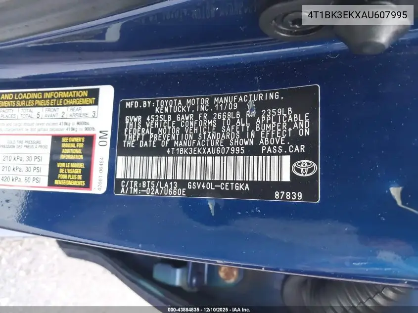4T1BK3EKXAU607995 2010 Toyota Camry Xle V6