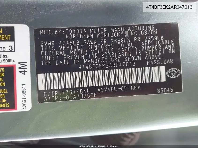 4T4BF3EK2AR047013 2010 Toyota Camry Le
