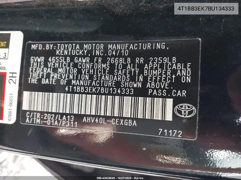 4T1BB3EK7BU134333 2011 Toyota Camry Hybrid
