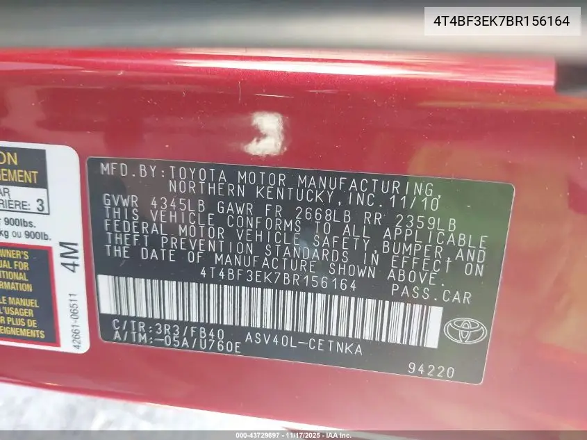 4T4BF3EK7BR156164 2011 Toyota Camry Le