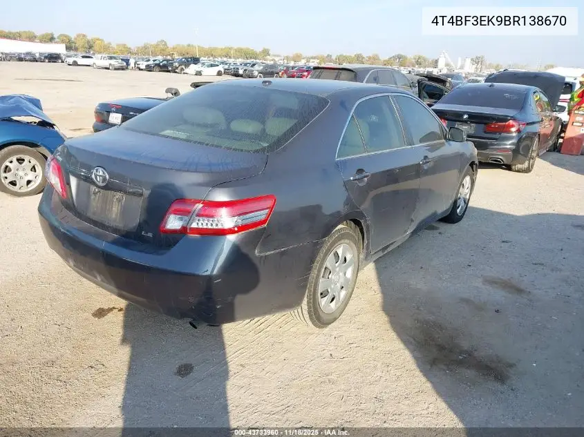 4T4BF3EK9BR138670 2011 Toyota Camry Le