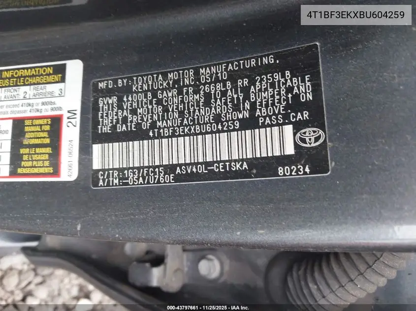 4T1BF3EKXBU604259 2011 Toyota Camry Se