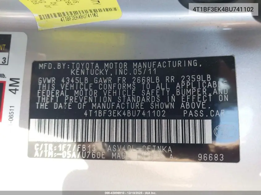 4T1BF3EK4BU741102 2011 Toyota Camry Le
