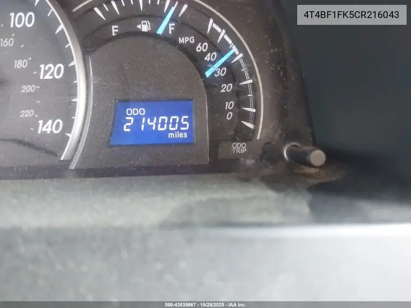 4T4BF1FK5CR216043 2012 Toyota Camry Le
