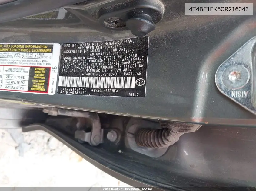 4T4BF1FK5CR216043 2012 Toyota Camry Le