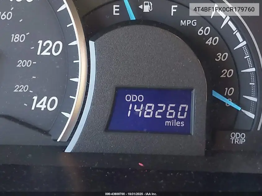 4T4BF1FK0CR179760 2012 Toyota Camry Le