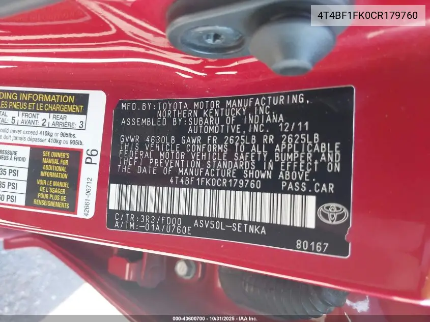 4T4BF1FK0CR179760 2012 Toyota Camry Le