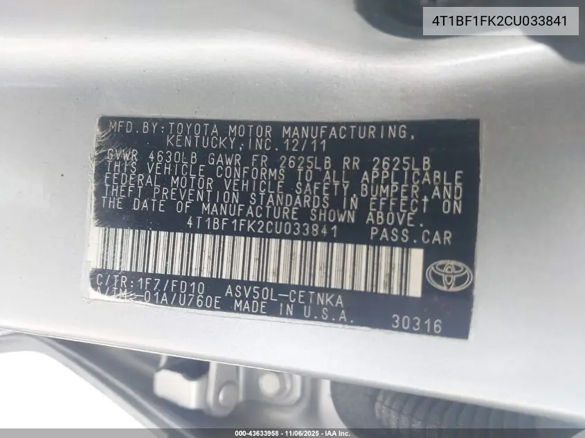 4T1BF1FK2CU033841 2012 Toyota Camry Le