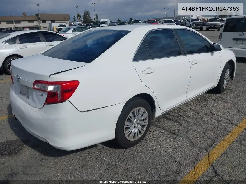 4T4BF1FK2CR247363 2012 Toyota Camry Le