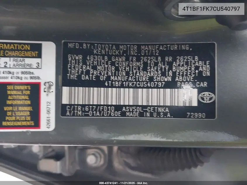 4T1BF1FK7CU540797 2012 Toyota Camry Le