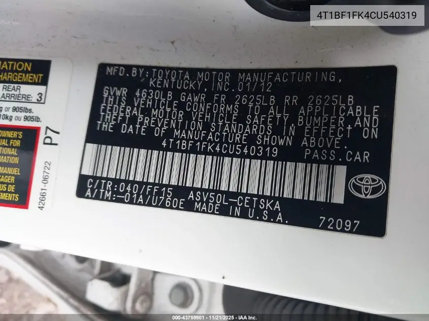 4T1BF1FK4CU540319 2012 Toyota Camry Se