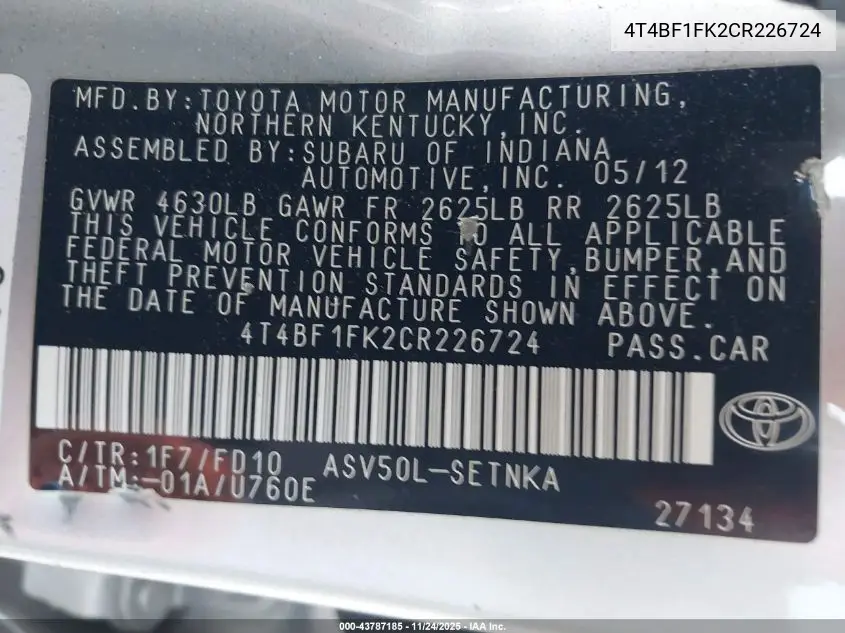 4T4BF1FK2CR226724 2012 Toyota Camry Le