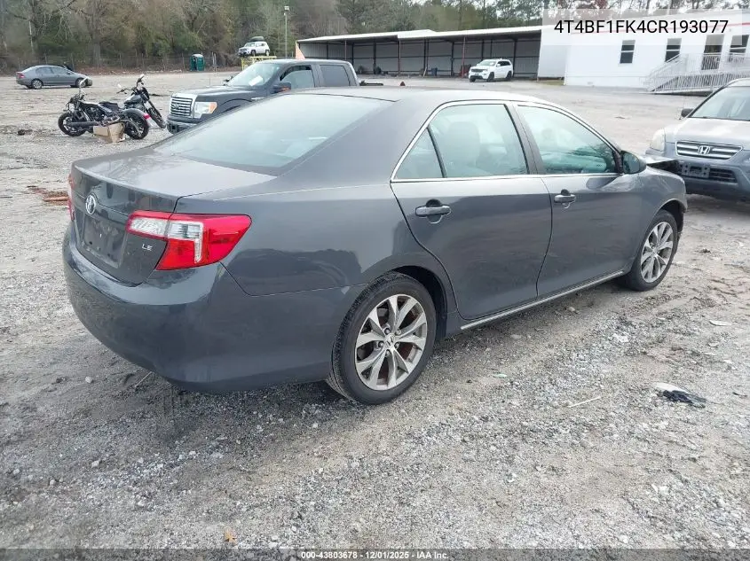 4T4BF1FK4CR193077 2012 Toyota Camry Le