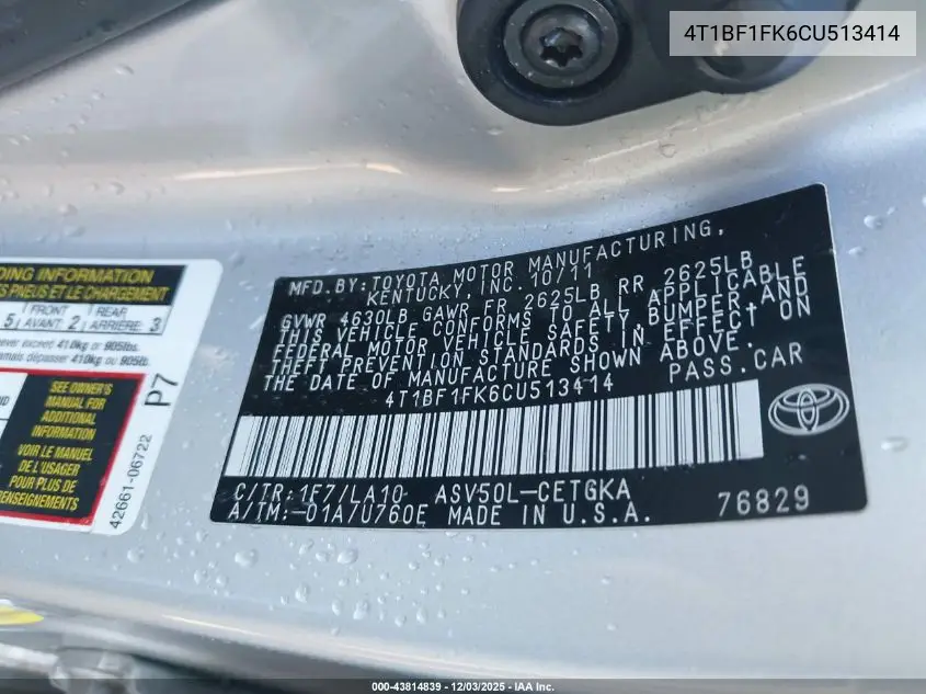 4T1BF1FK6CU513414 2012 Toyota Camry Xle
