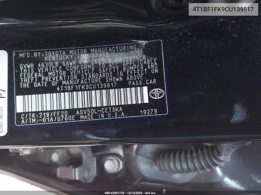 4T1BF1FK9CU139817 2012 Toyota Camry Se
