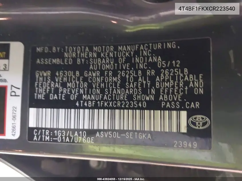 4T4BF1FKXCR223540 2012 Toyota Camry Xle
