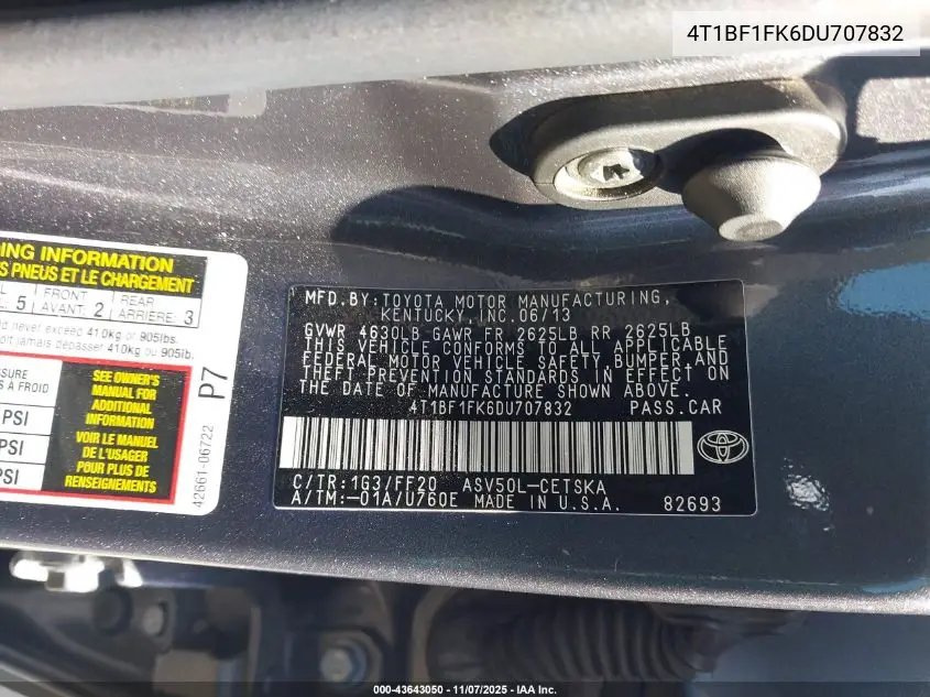 4T1BF1FK6DU707832 2013 Toyota Camry Se