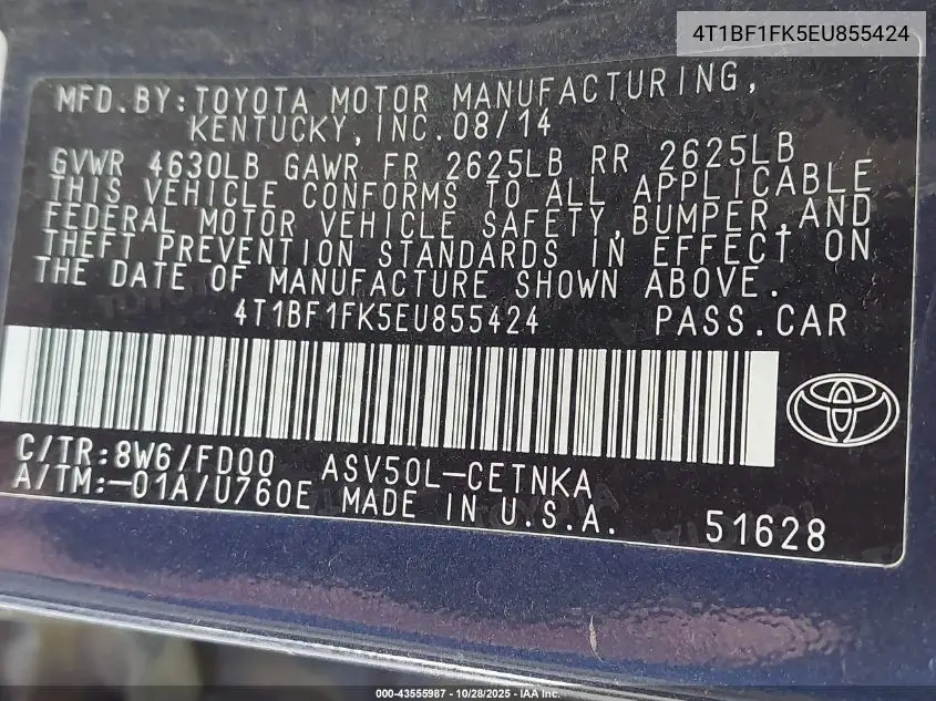 4T1BF1FK5EU855424 2014 Toyota Camry Le