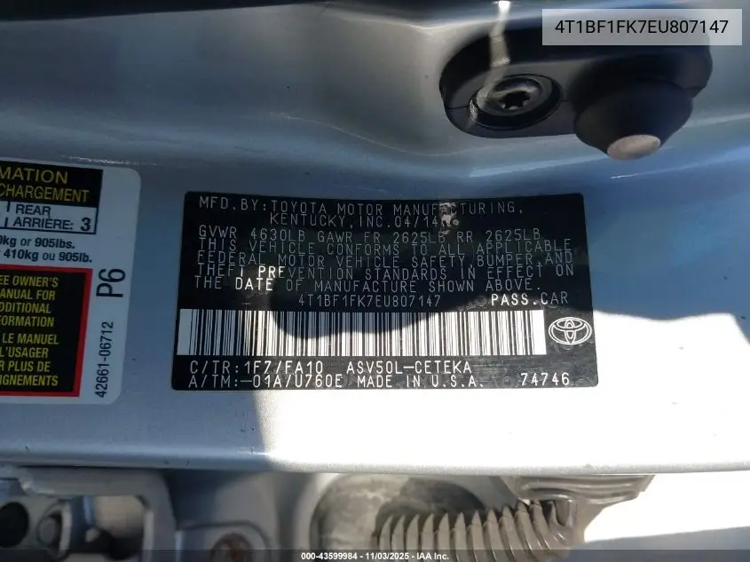 4T1BF1FK7EU807147 2014 Toyota Camry L