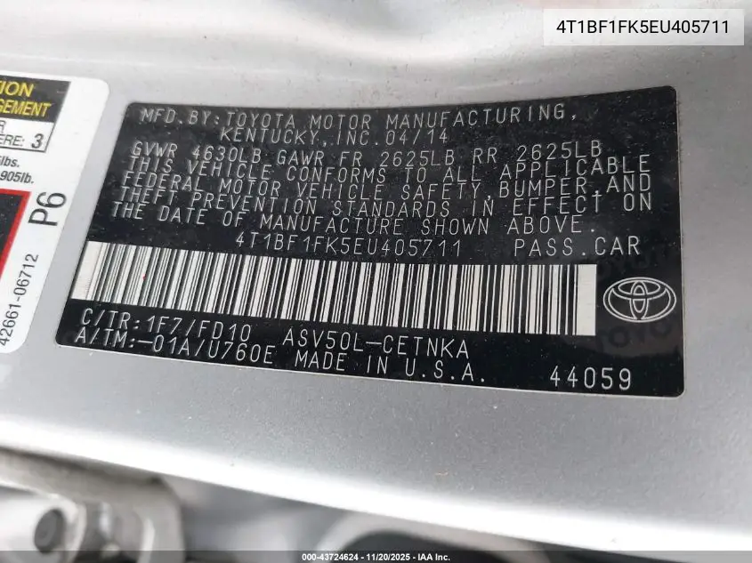 4T1BF1FK5EU405711 2014 Toyota Camry Le