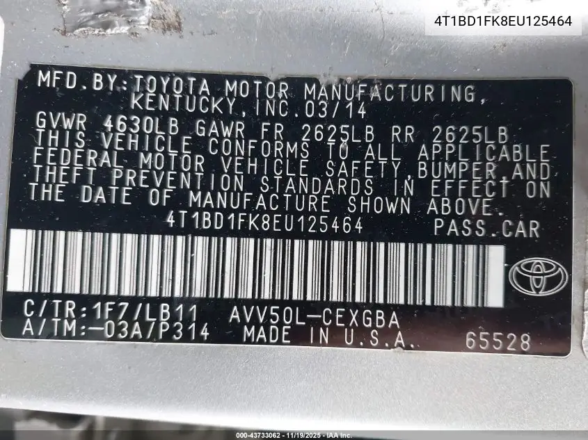 4T1BD1FK8EU125464 2014 Toyota Camry Hybrid Xle