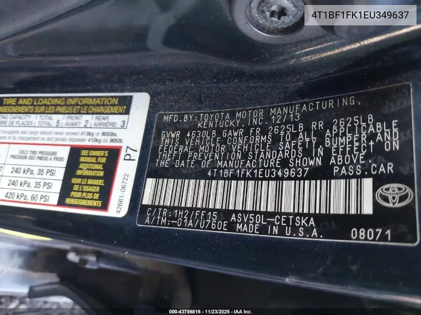 4T1BF1FK1EU349637 2014 Toyota Camry Se
