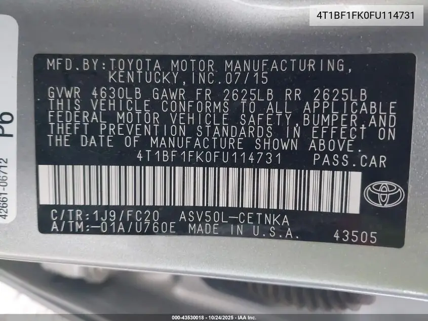 4T1BF1FK0FU114731 2015 Toyota Camry Le