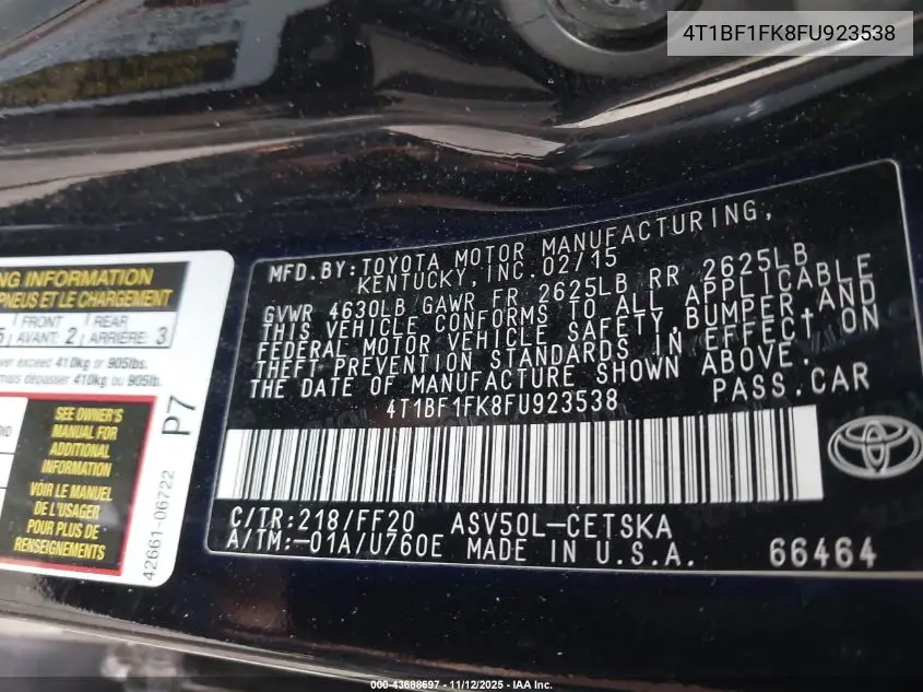 4T1BF1FK8FU923538 2015 Toyota Camry Se