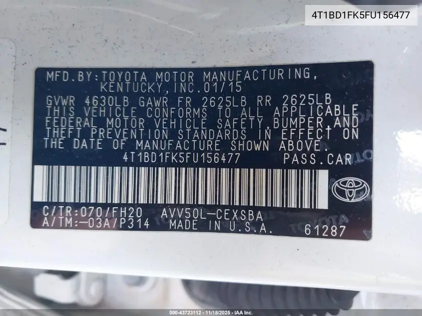 4T1BD1FK5FU156477 2015 Toyota Camry Hybrid Se