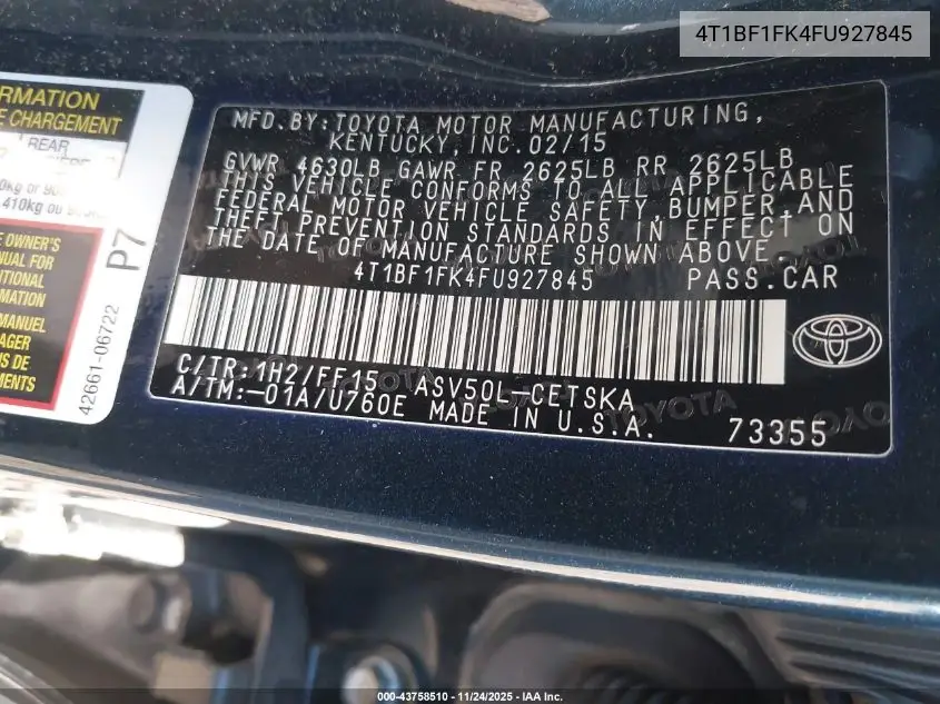 4T1BF1FK4FU927845 2015 Toyota Camry Se