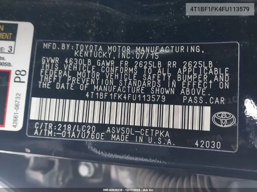 4T1BF1FK4FU113579 2015 Toyota Camry Xse
