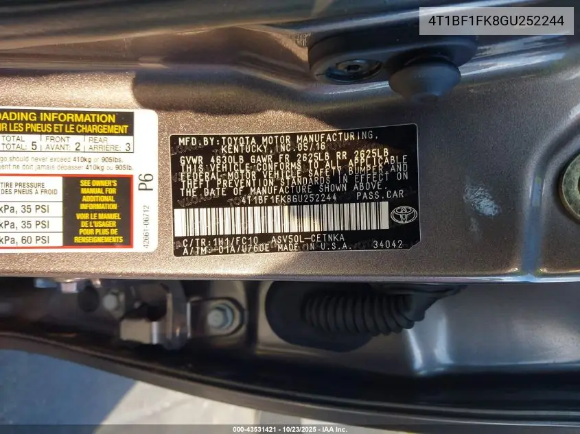 4T1BF1FK8GU252244 2016 Toyota Camry Le