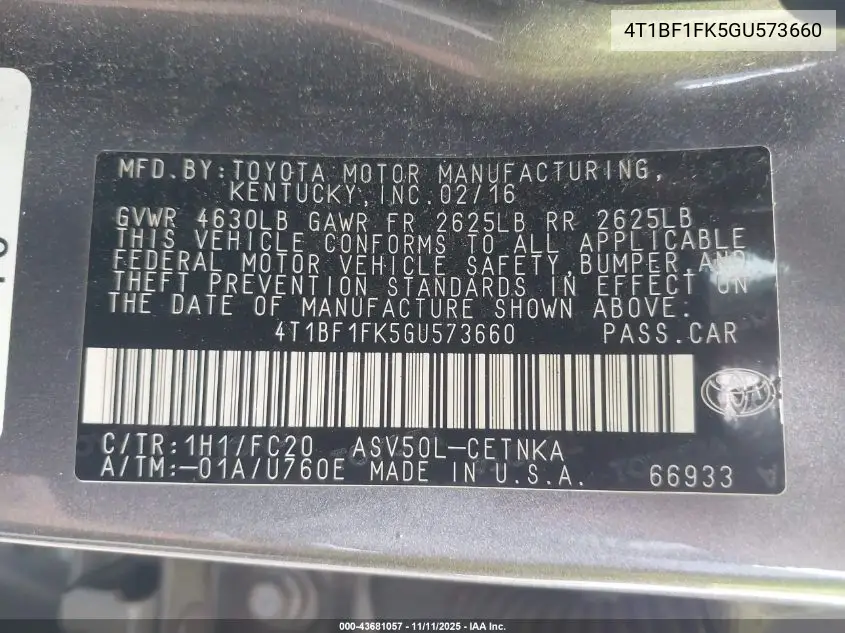 4T1BF1FK5GU573660 2016 Toyota Camry Le