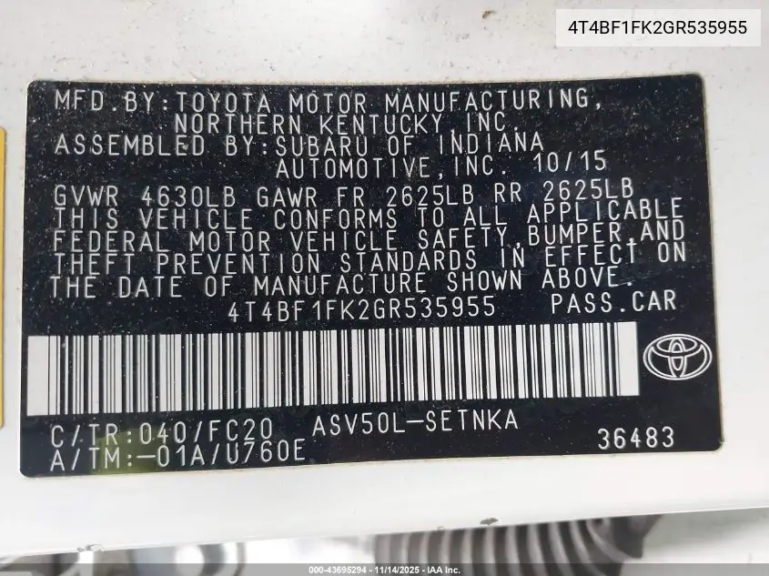 4T4BF1FK2GR535955 2016 Toyota Camry Le