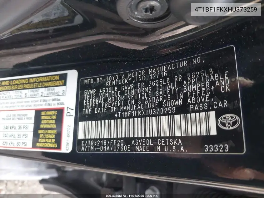 4T1BF1FKXHU373259 2017 Toyota Camry Se