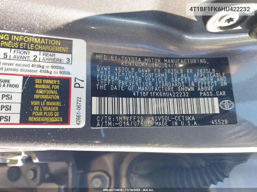 4T1BF1FK6HU422232 2017 Toyota Camry Se