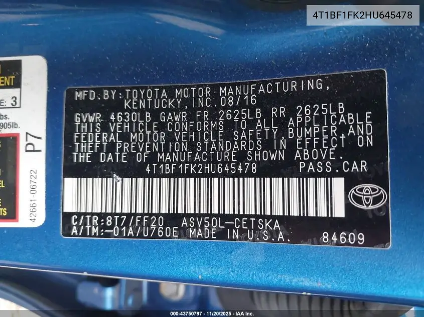 4T1BF1FK2HU645478 2017 Toyota Camry Se