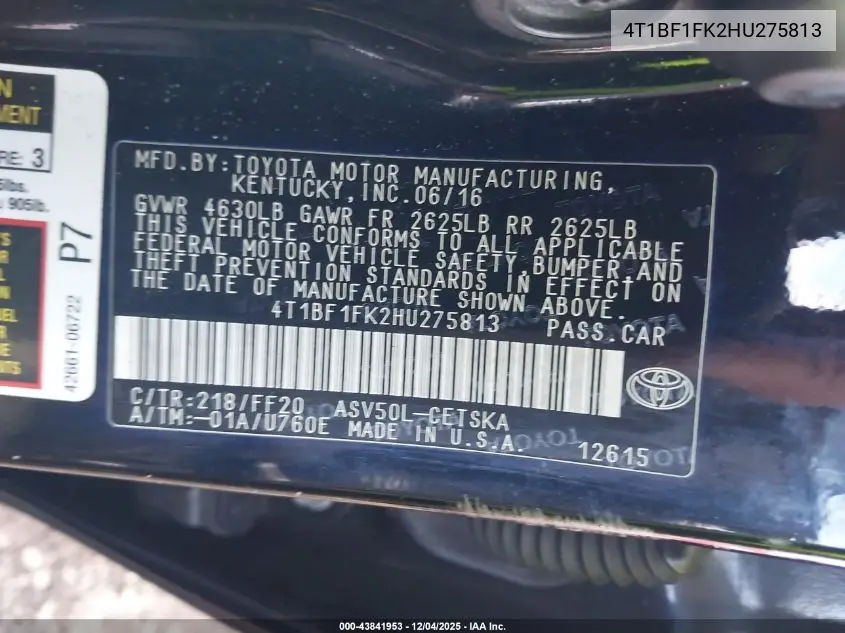 4T1BF1FK2HU275813 2017 Toyota Camry Se