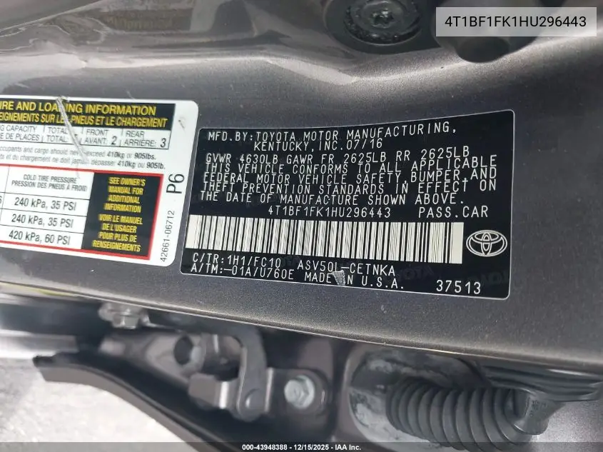 4T1BF1FK1HU296443 2017 Toyota Camry Le