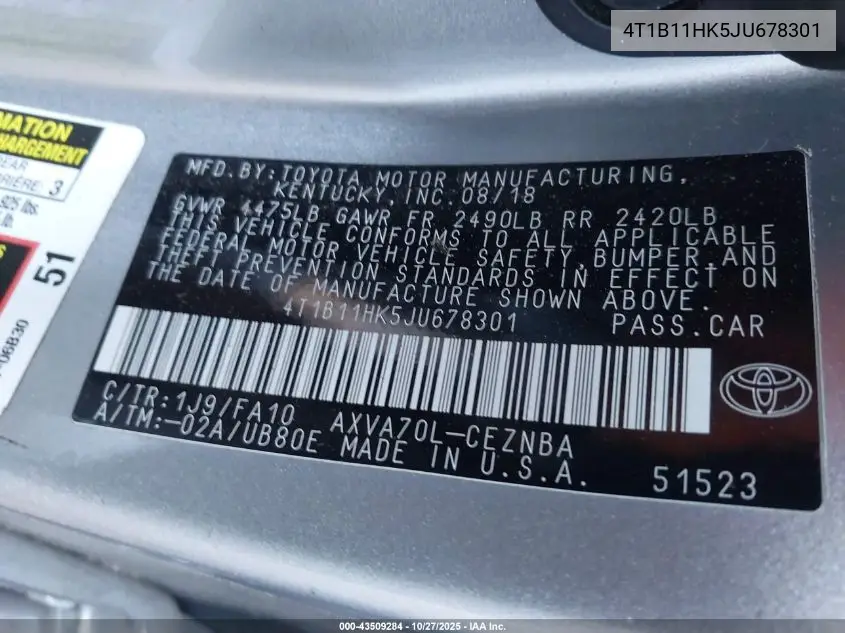 4T1B11HK5JU678301 2018 Toyota Camry Le