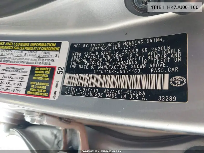 4T1B11HK7JU061160 2018 Toyota Camry Se